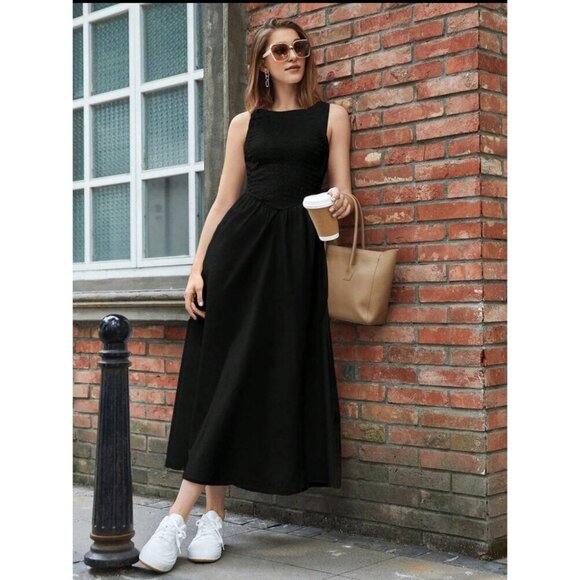 high neck sleeveless tank midi dress black ruched bust - Picture 1 of 2